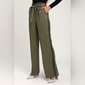 NEW Lulus Ryman Olive Green Paper Bag Waist Striped Wide-Leg Pants